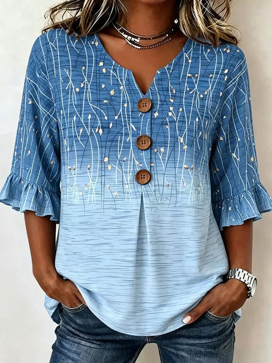 Blue Gradient Floral V-neck 3/4 Sleeve Blouse