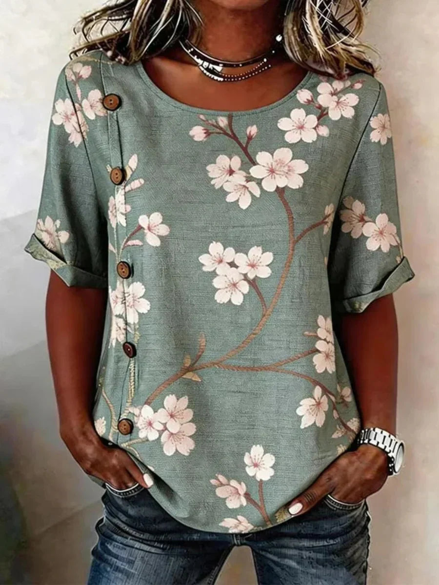 Green Cherry Blossom Print Round Neck Roll-Tab Short Sleeve Top