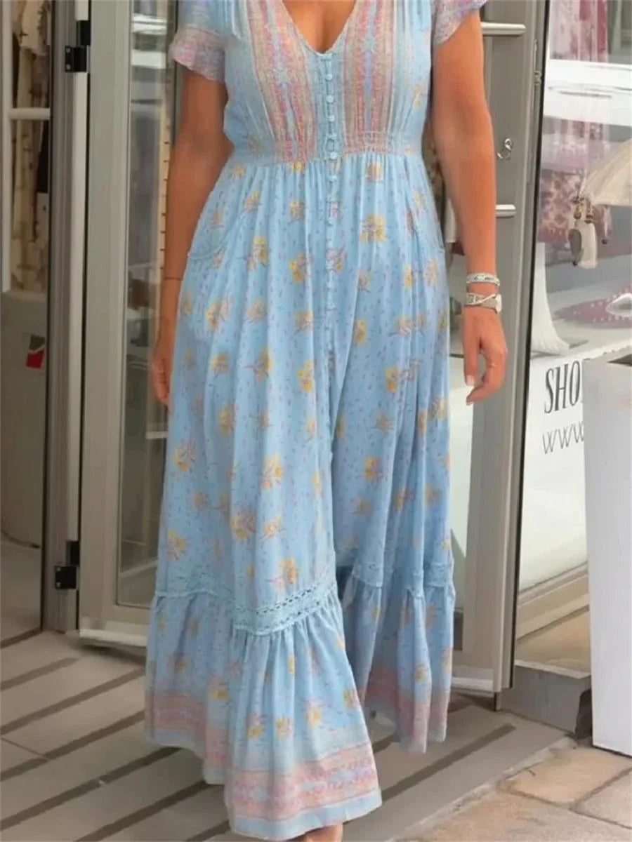 Light Blue Floral Print V-neck Short Sleeve Smocked Maxi Dress