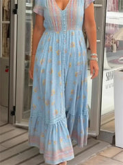 Light Blue Floral Print V-neck Short Sleeve Smocked Maxi Dress