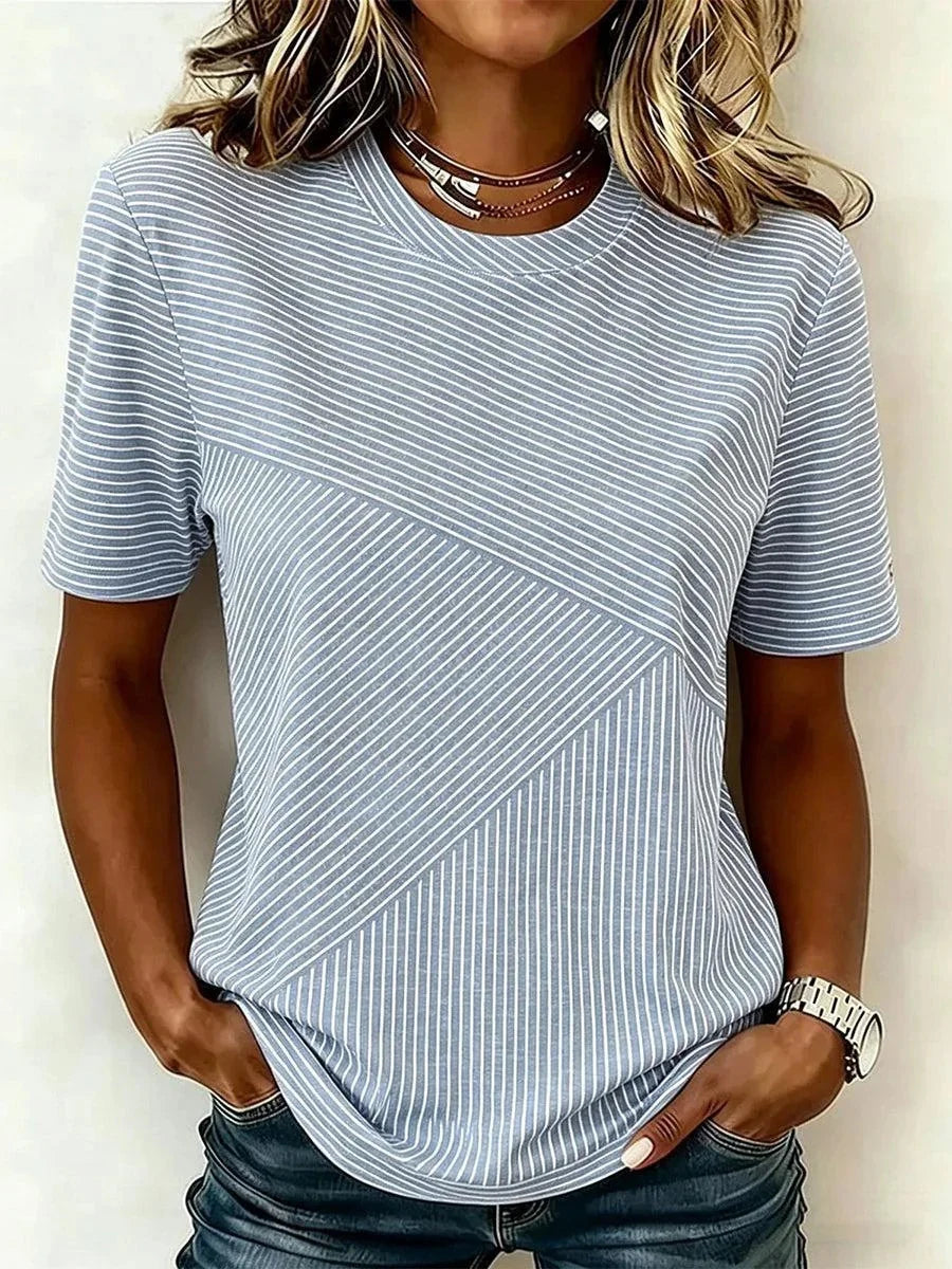 Blue Diagonal Stripe Short Sleeve Crew Neck T-Shirt