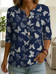 Navy Butterfly Print 3/4 Sleeve Top