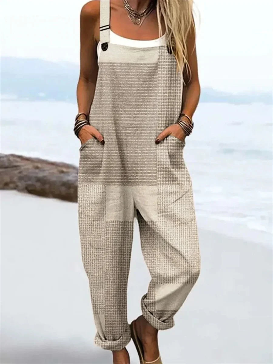 Women's Vintage Abstract Geometric Line Art Print Casual Wide Leg Jumpsuit