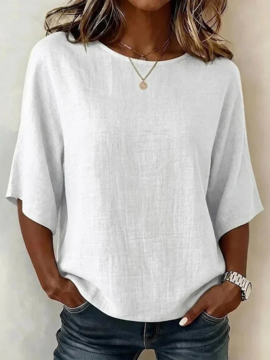 Casual Solid Colour Round Neck 3/4 Sleeve Blouse
