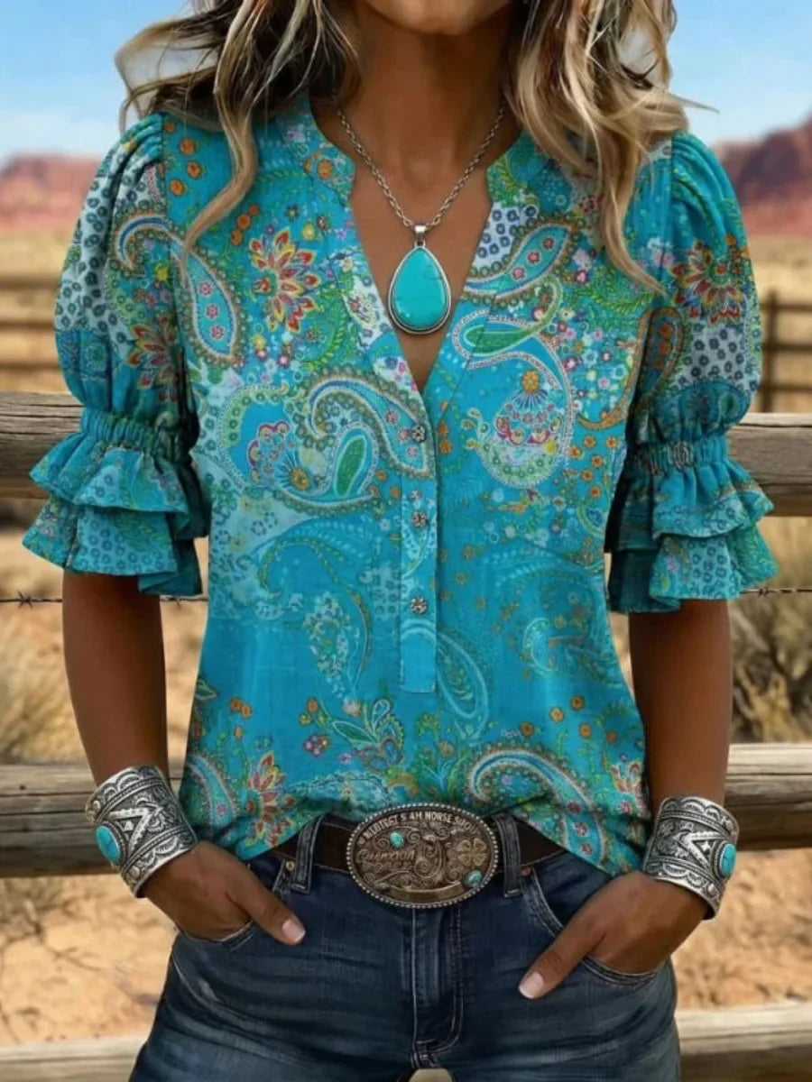 Vintage Ethnic Print V-neck Half Sleeve Blouse