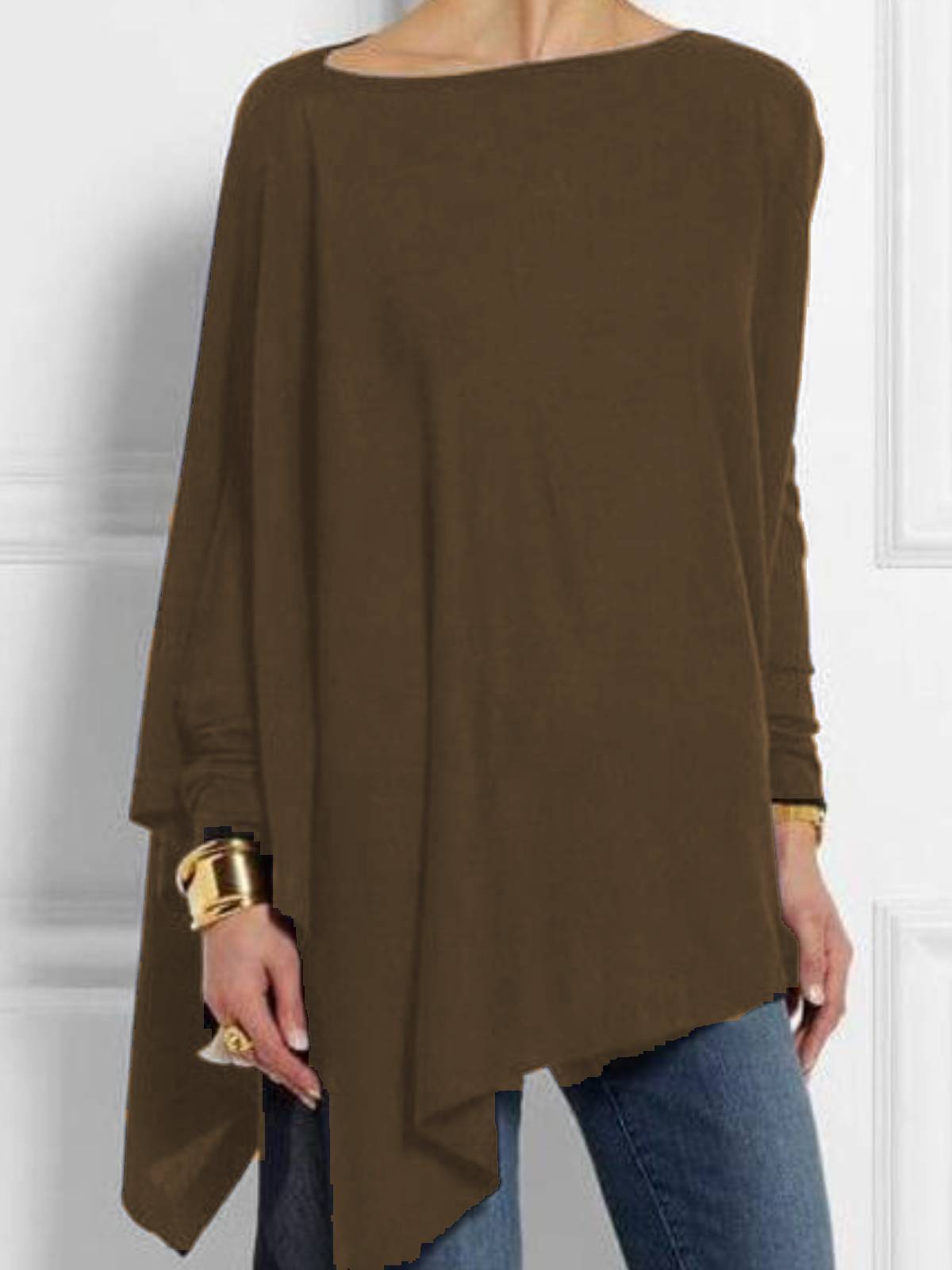 Plain Round Neck Long Sleeves Asymmetrical Tops