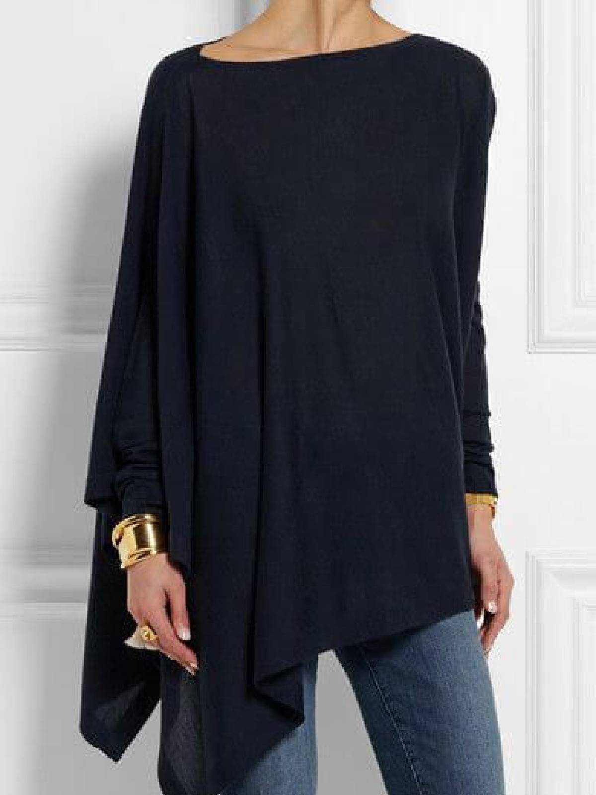 Plain Round Neck Long Sleeves Asymmetrical Tops