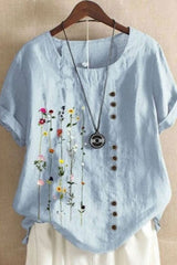 Floral Print O-neck Buttons Short Sleeves T-shirt