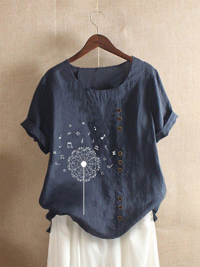 Musical Note Print Buttons Short Sleeves T-shirt