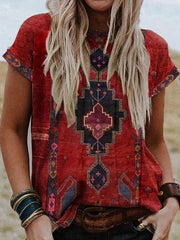 Ethnic Tribal Print O-neck Short Sleeves T-shirt