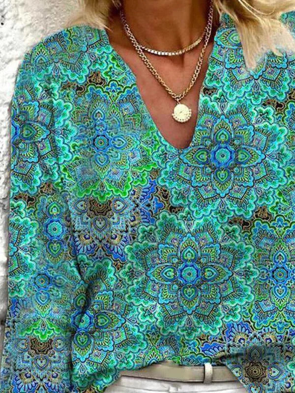 Ethnic Tribal Print V-neck Long Sleeves Blouse