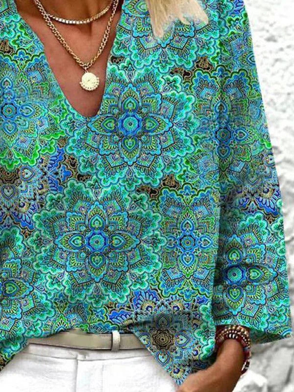 Ethnic Tribal Print V-neck Long Sleeves Blouse