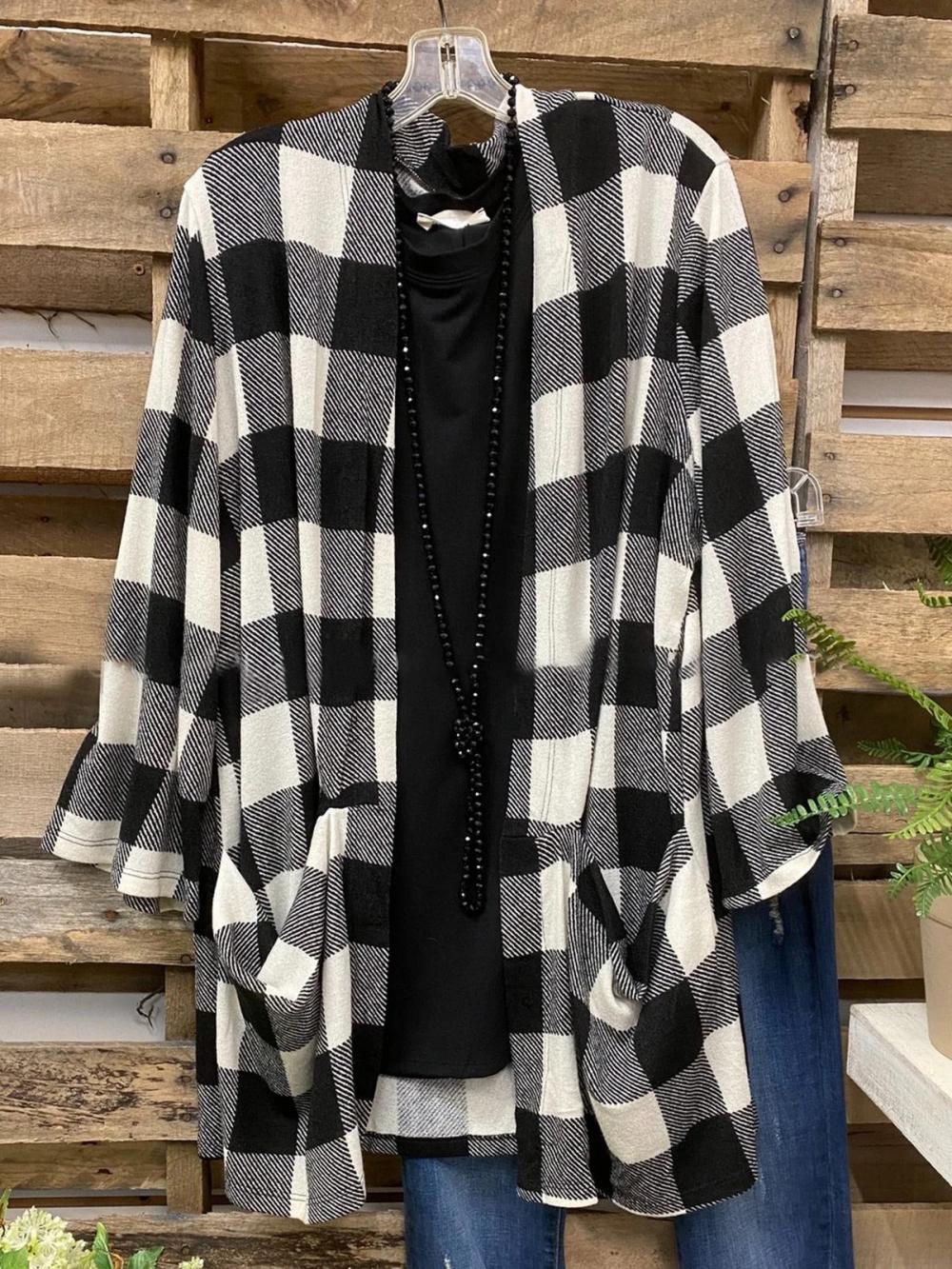 Plaid Color Block Long Sleeves Casual Cardigan