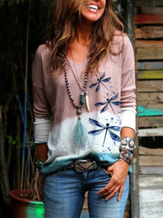 Dragonfly Print V-neck Long Sleeves Sweatshirt