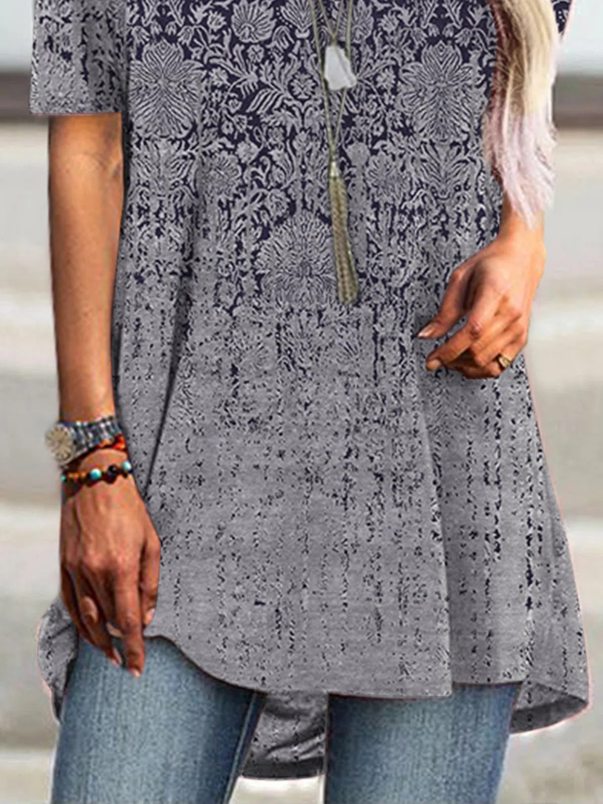 Tribal Print Boat Neck Short Sleeves Long T-shirt