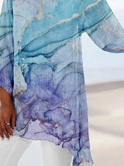 Marbling Print Irregular Hem Long Sleeves Blouse