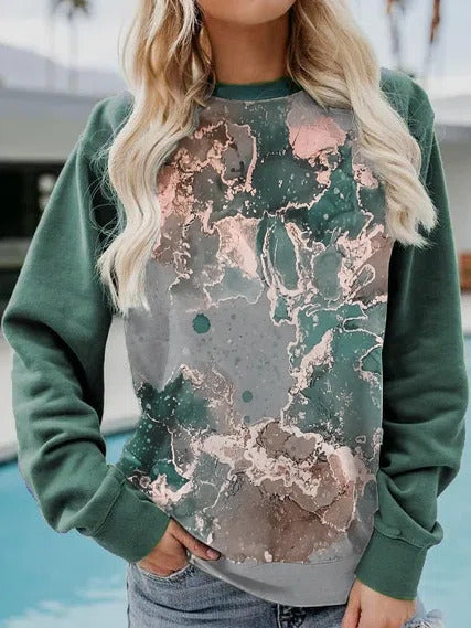 Marbling Print O-neck Long Sleeves Sweatshirt