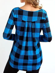 Plaid Boat Neck Buttons Long Sleeves Blouse