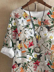 Floral Print Crew Neck Buttons Half Sleeves Blouse