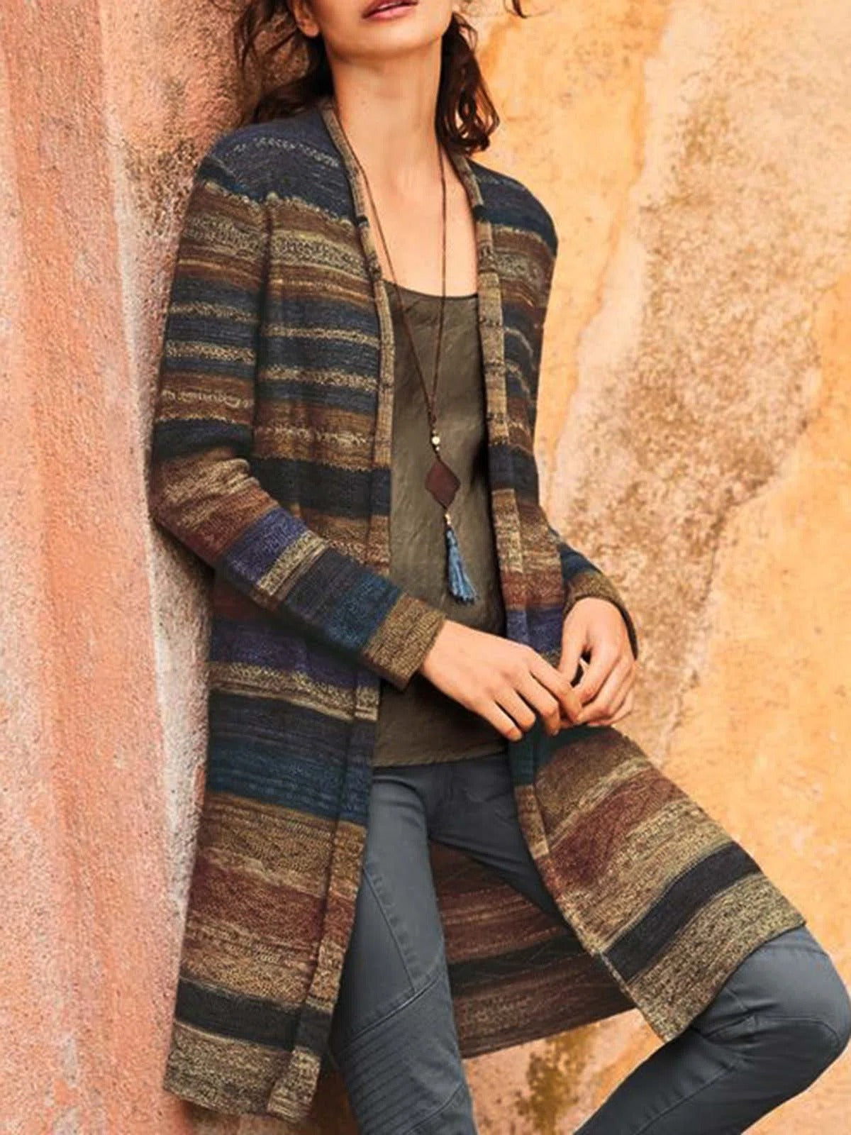Stripe Print Long Sleeves Casual Sweater Cardigan
