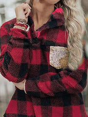 Casual Plaid Collared Long Sleeves Plush Warm Coat
