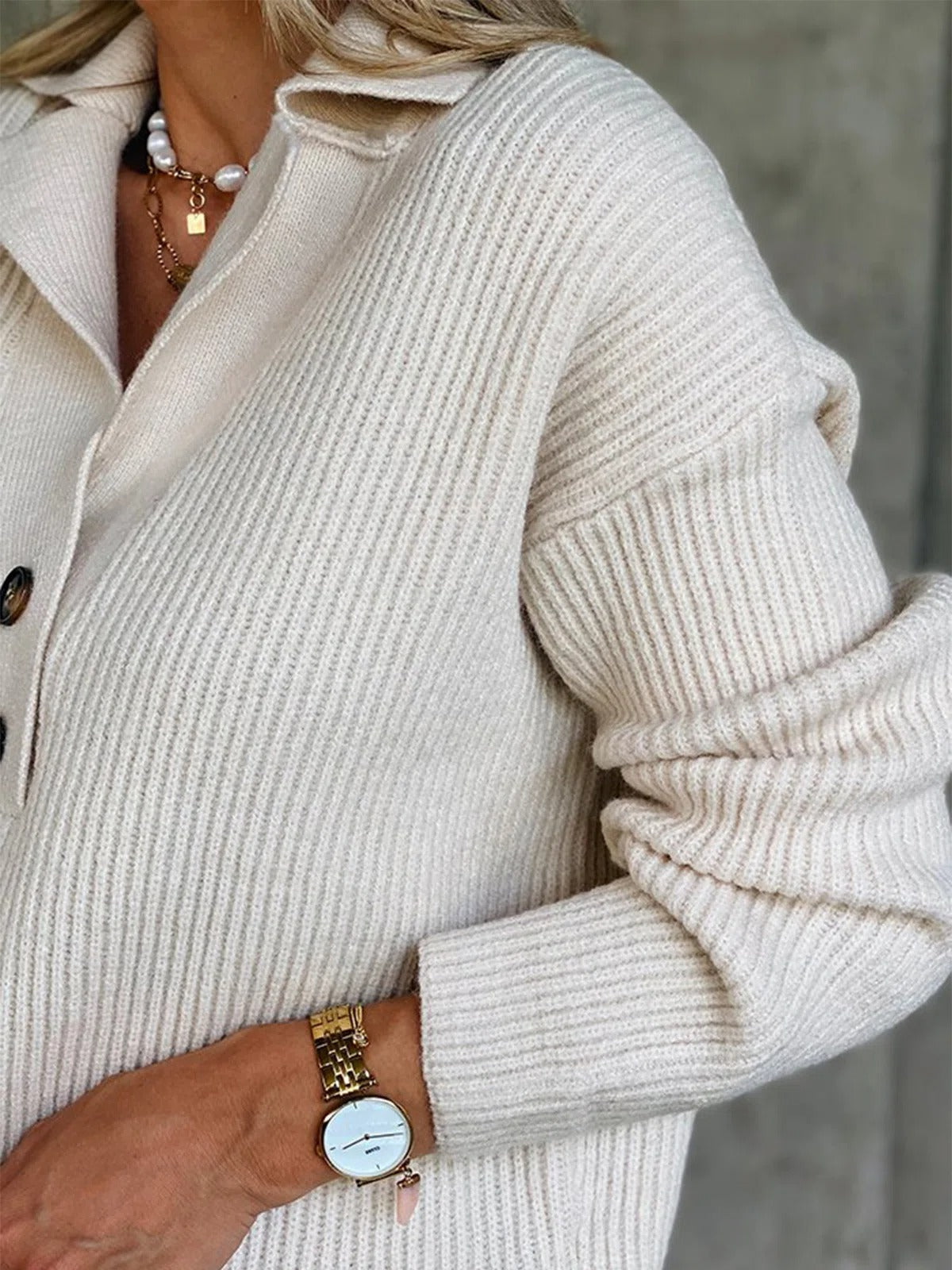 Solid Color Collared Buttons Long Sleeves Sweater
