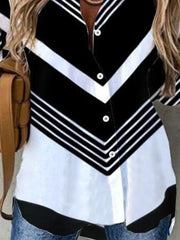 V-stripe Print Collared Buttons Long Sleeves Blouse