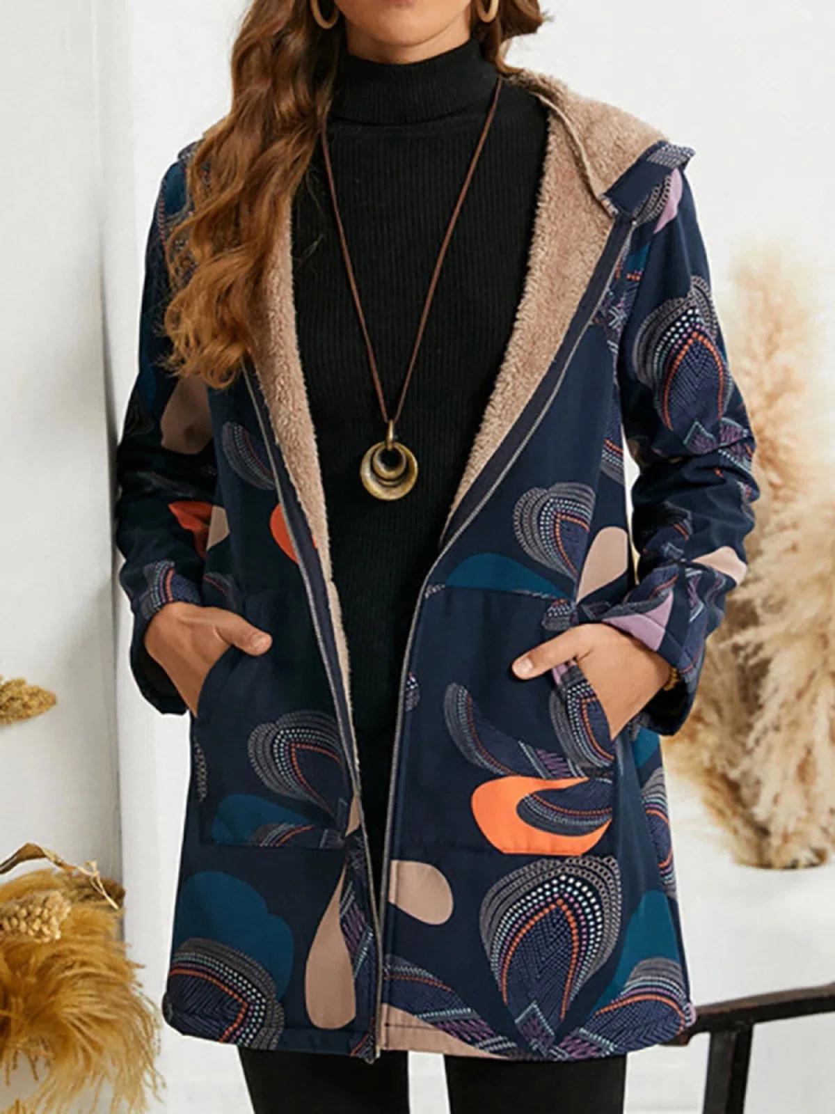 Floral Print Hooded Long Sleeves Plush Warm Coat