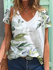 Leaf Print V-neck Casual Short Sleeves T-shirt
