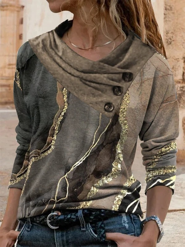 Marbling Print Buttons Casual Long Sleeves Sweatshirt
