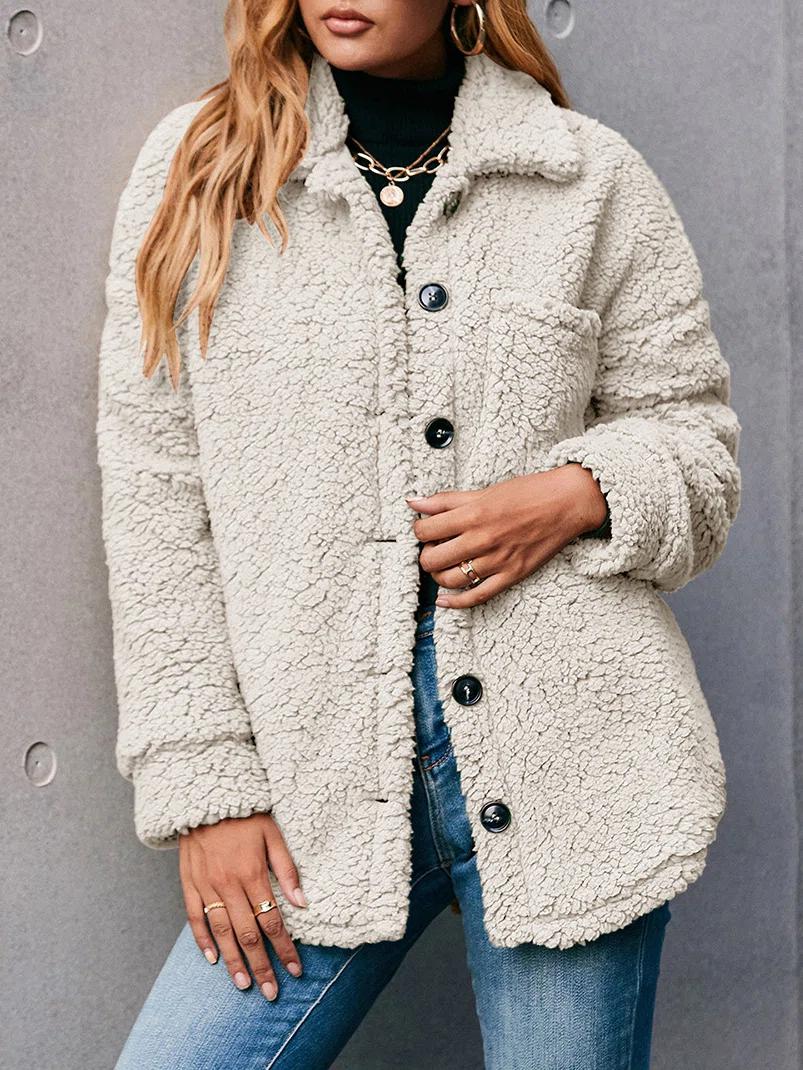 Plain Collared Buttons Fleece Long Sleeves Warm Coat