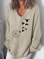 Dandelion Bird Print V-neck Long Sleeves Sweaters