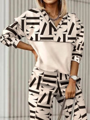Geometric Print V-neck Long Sleeves Two Piece Suit