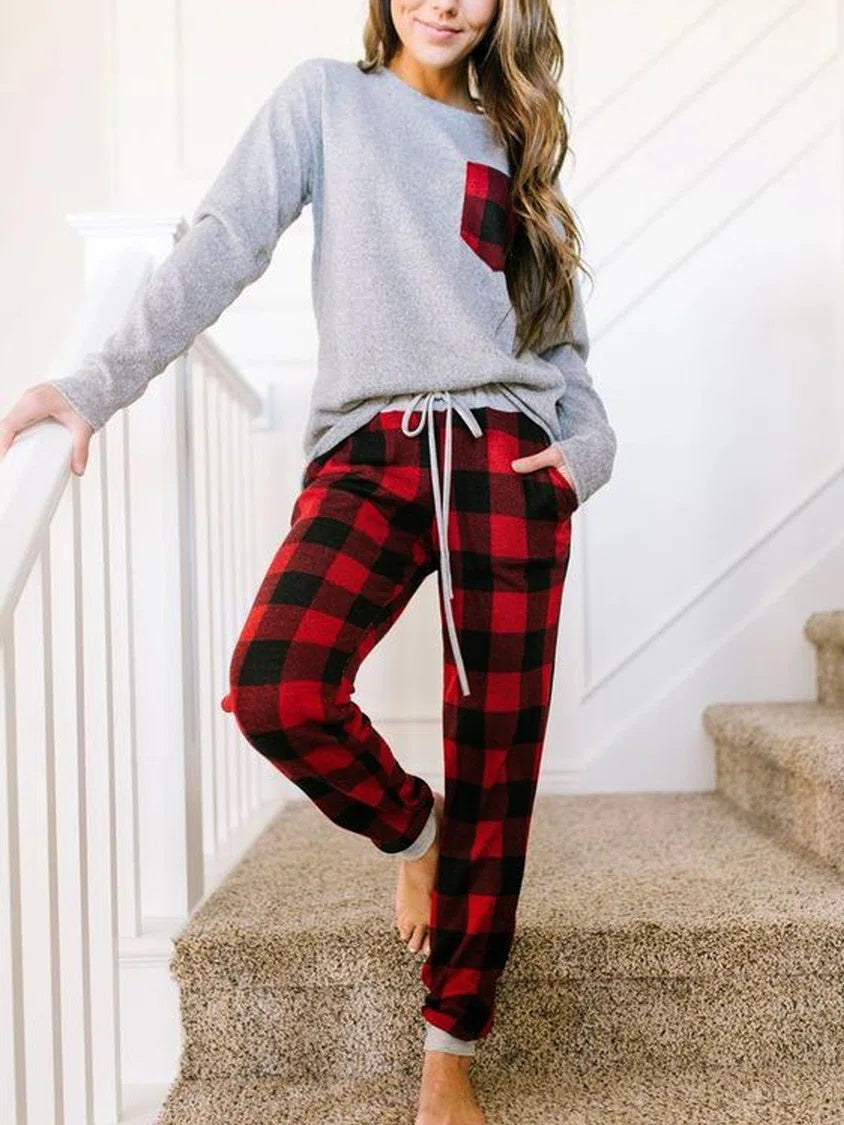 Plaid Print Round Neck Long Sleeves Two Piece Suit