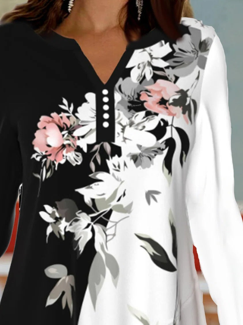 Color Block Floral V-Neck Buttons Long Sleeves Sweatshirts