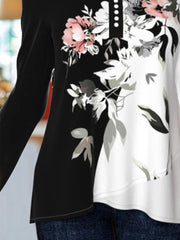 Color Block Floral V-Neck Buttons Long Sleeves Sweatshirts