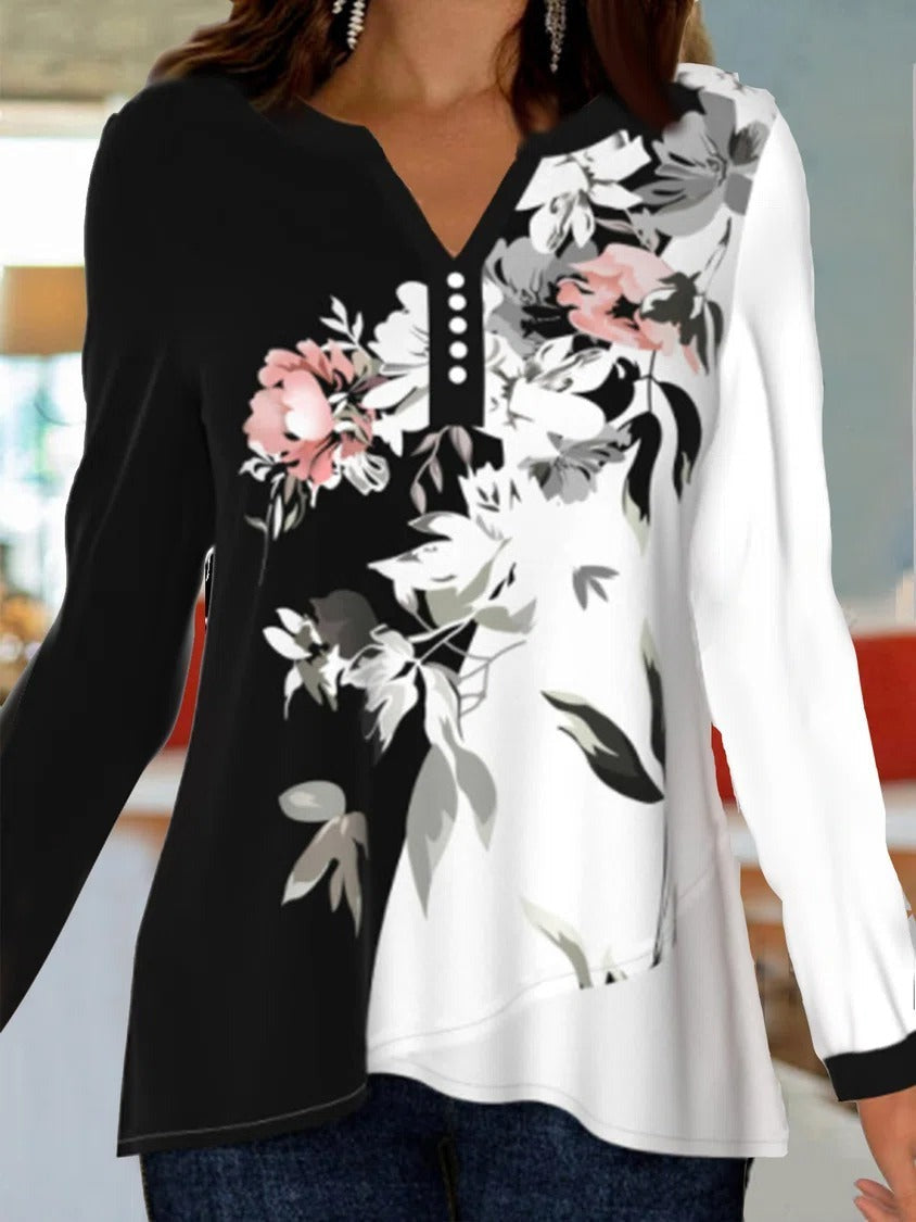 Color Block Floral V-Neck Buttons Long Sleeves Sweatshirts