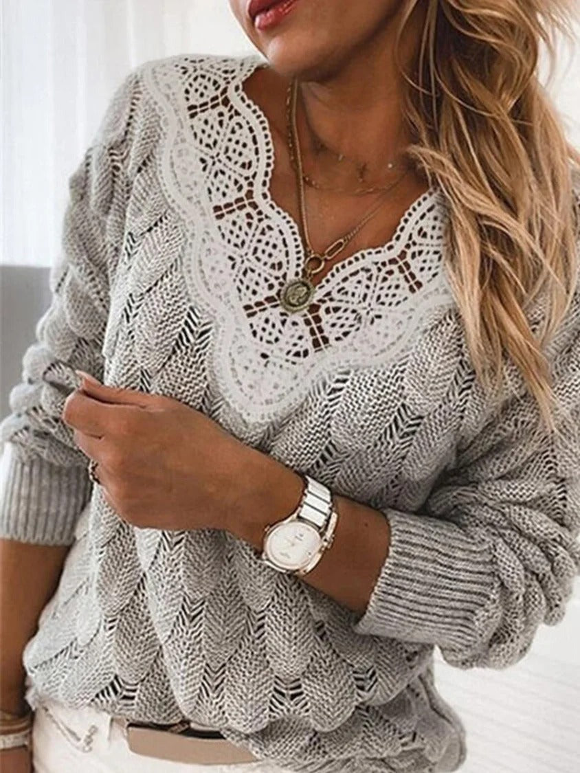 Solid Color Hollow out Lace V-neck Long Sleeves Sweater