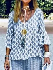 Geometric Print V-neck 3/4 Sleeves Two Piece Suit