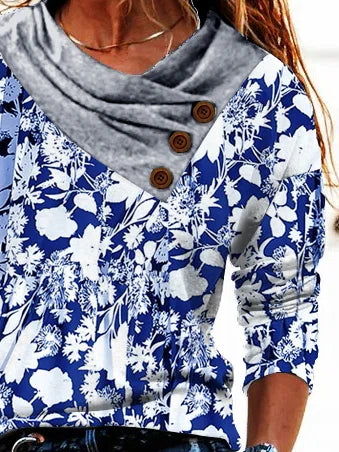Floral Print Buttons Cowl Neck Long Sleeves Sweatshirt