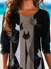 Cartoon Cat Print Irregular Hem Long Sleeves Sweatshirt