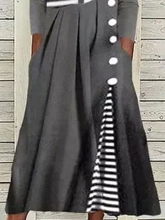 Stripe Print Buttons V-neck Long Sleeves Midi Dress