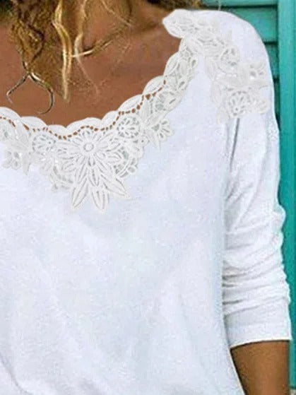Solid Color Lace Round Neck Long Sleeves Sweatshirt