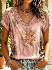 Women's Vintage Rose & Leopard Print Cotton Short Sleeve Shirt