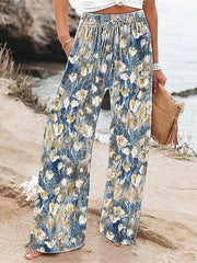 Women's High Waist Full-Length Bohemian Floral Printed Wide Leg Pants with Drawstring Elastic Waist, Breathable & Comfortable, Regular Style for Daily Street Wear in Spring & Autumn