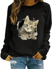 Casual Cat Print Crew Neck Sweatshirt