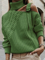 Solid Color High Neck Off-Shoulder Long Sleeves Sweater