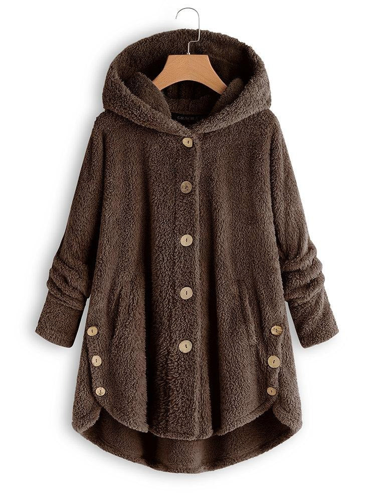 Solid Color Buttons Hooded Long Sleeves Warm Coat