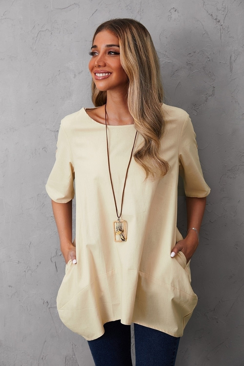 Women's Round Neck Solid Color Buttons Short Sleeves Blouse