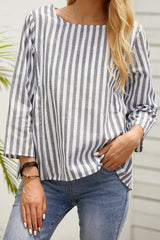Stripe Print Round Neck 3/4 Sleeves Shirts & Tops